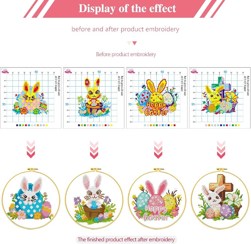 Zhenqing Zhenging Easter Cross Stitch Kit with 4 Bunny & EggPatterns -9.45x9.45 Inch Hoop, Pre-Printed Fabric,Threads, Tools -DlY Easter Craft Gift for Adults, HomeDecor - Image 4